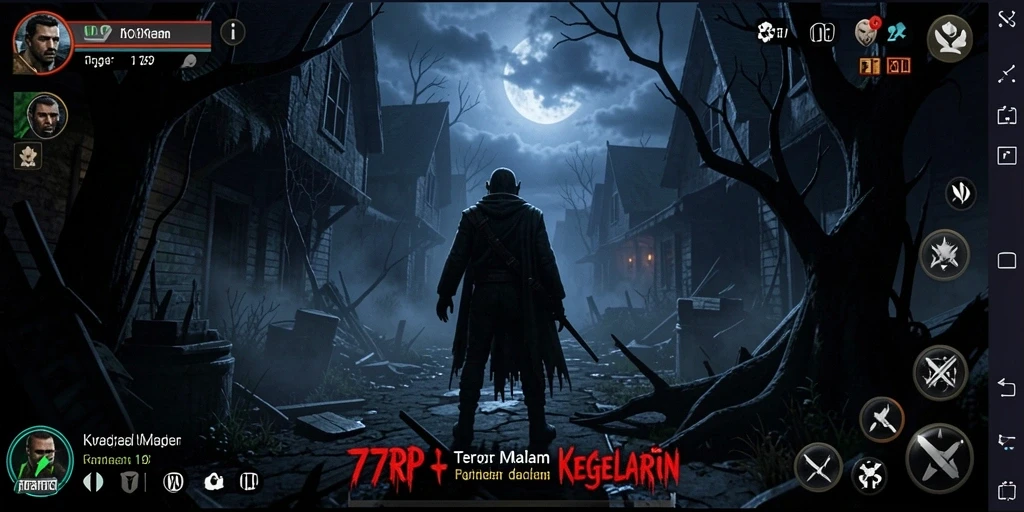 Screenshot gameplay <strong>77RP</strong> menampilkan suasana horor yang mencekam.
