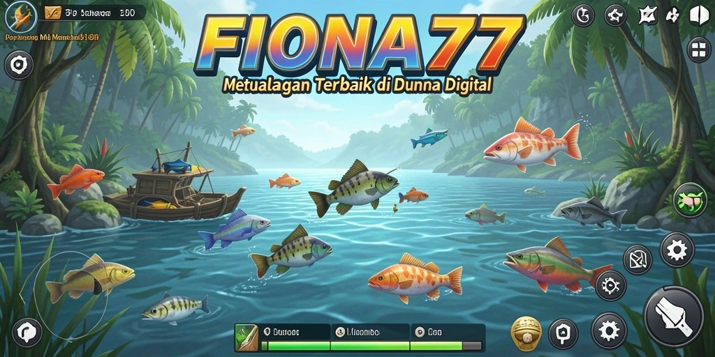 Screenshot FIONA77 menampilkan aksi seru memancing di lautan.
