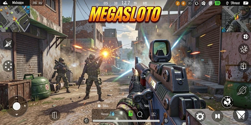 Screenshot MEGASLOTO menampilkan pertempuran seru dalam game FPS.