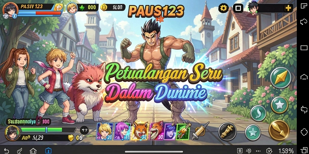 Tangkapan layar utama PAUS123 menampilkan karakter anime dalam pertempuran epik.